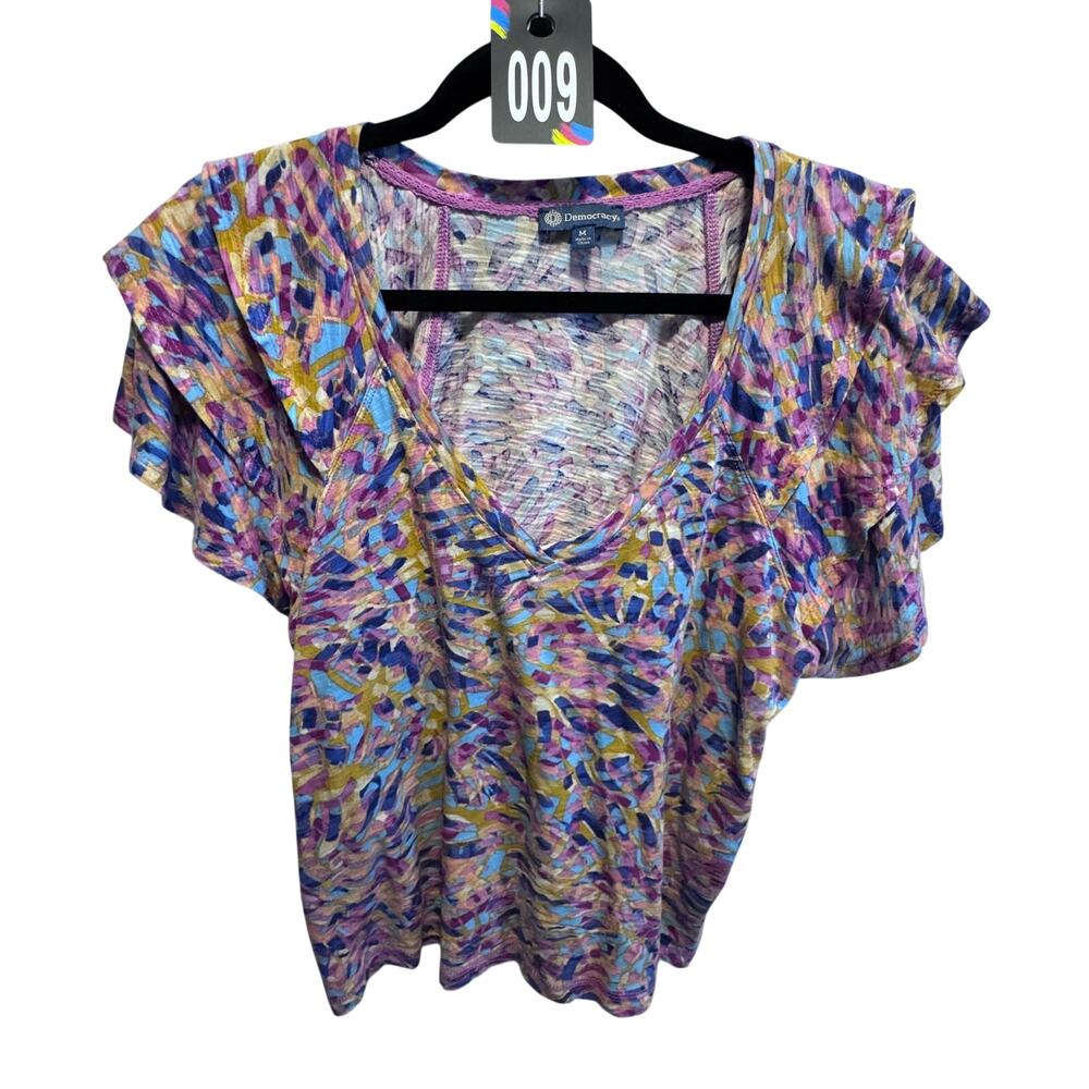 Democracy Women’s M Abstract Print Flutter Sleeve V-Neck Top Boho Art To Wear